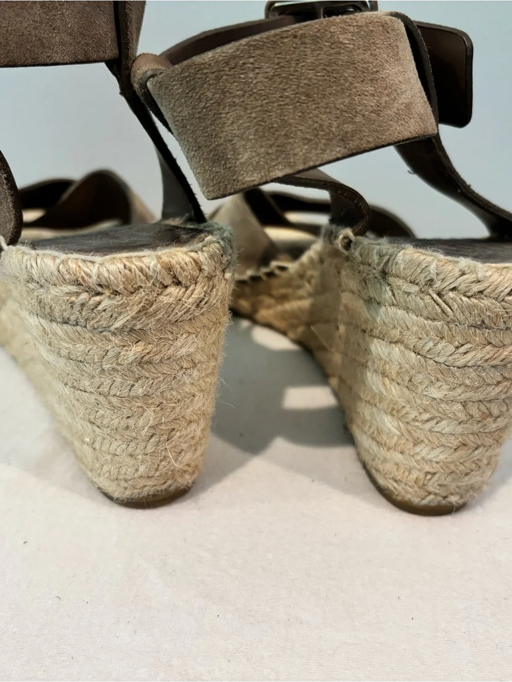 Vince Taupe Suede Espadrille Wedge Sandals
